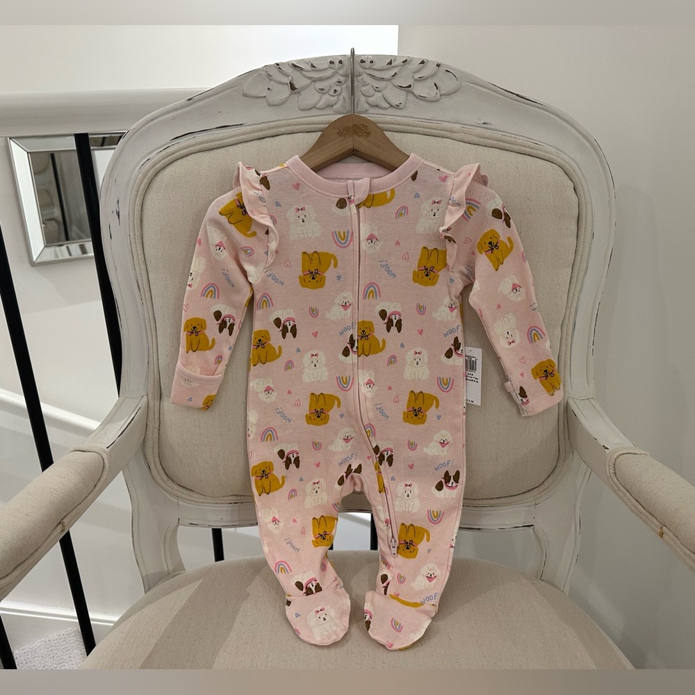 🩰 3~6 Mth Cute Dog Printed 100% Cotton Onesie With Ruffles NWT
